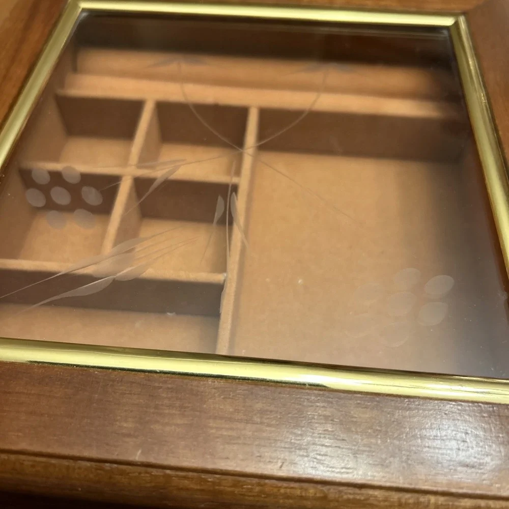 Etched Glass Square Light‎ Brown Wood Dresser Jewelry Box MELE Taiwan